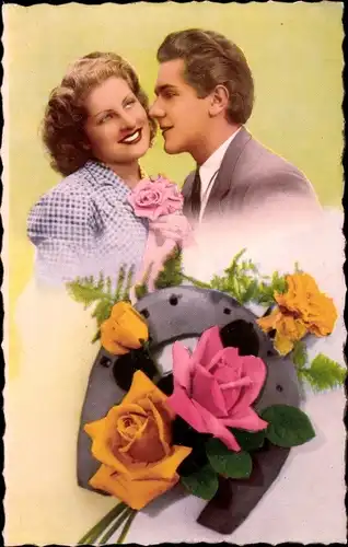 Ak Liebespaar, Rosen, Hufeisen