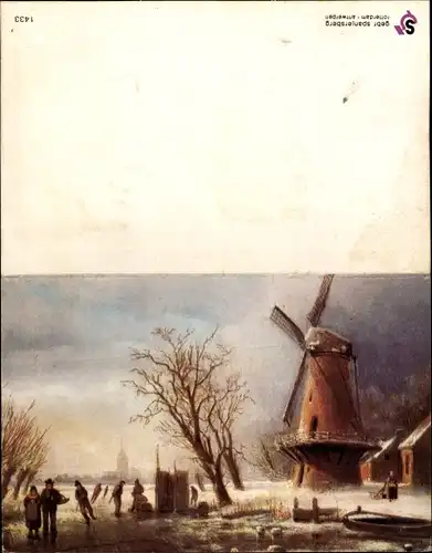 Klapp Ak Glückwunsch Neujahr, Landschaft mit Windmühle, Eisläufer