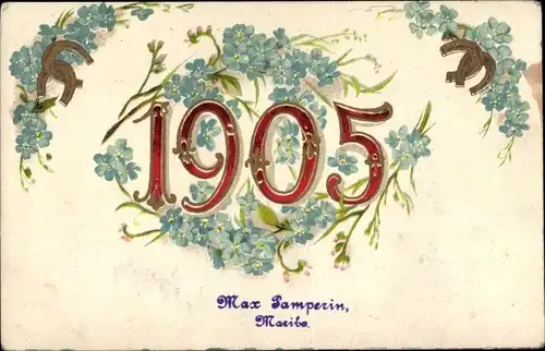 Präge Ak Jahreszahl 1905, Vergissmeinnicht, Hufeisen