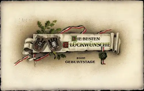 Präge Ak Glückwunsch zum Geburtstag, Wappen, Eichenlaub, 1. WK