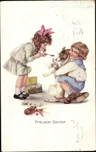 Künstler Ak Fräulein Doktor, Kinder geben Hund Medizin