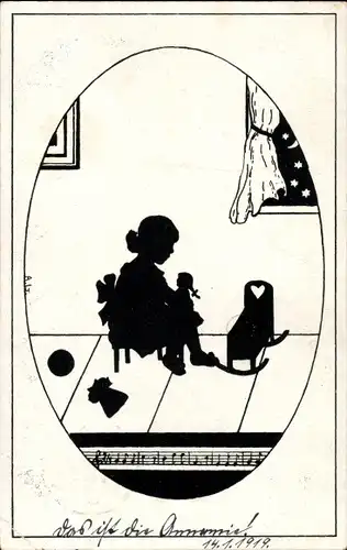 Scherenschnitt Ak Schlaf, Püppchen, schlaf, Mädchen mit Puppe, Wiege