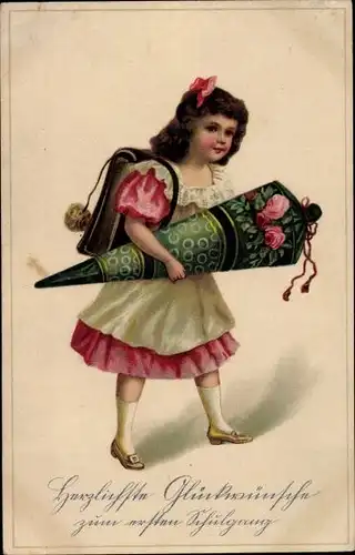 Ak Glückwunsch zur Einschulung, Mädchen mit Zuckertüte