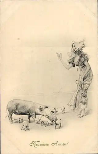 Ak Fröhliches Neujahr, Schwein und Ferkel, elegante Dame, Munk 71