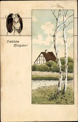 Künstler Ak Frohe Pfingsten, Maikäfer, Birken, Fachwerkhaus
