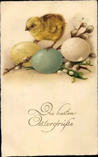 Ak Frohe Ostern, Küken, Ostereier, Weidenkätzchen