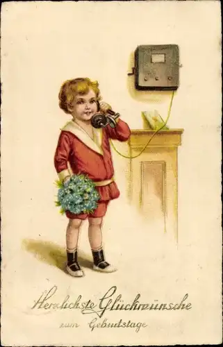 Ak Glückwunsch zum Geburtstag, Kind am Telefon, Blumenstrauß