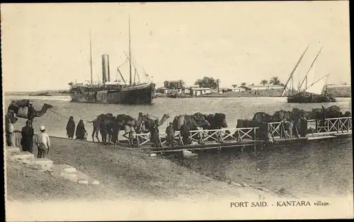 Ak Port Said Kantara Ägypten, Kamele gehen über einen Steg, Dampfschiff