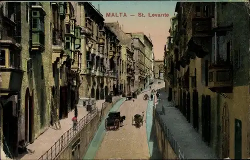 Ak Valletta Malta, St. Levante, Straßenpartie in der Stadt