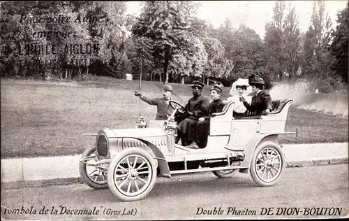 Ak Tombola de la Decennale, Double Phaeton von Dion Bouton, Automobil, Chauffeur