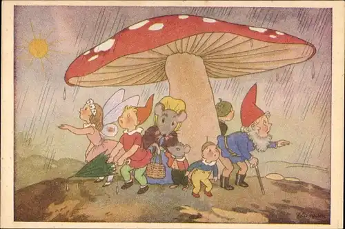 Künstler Ak Versteckt vor dem Regen, Pilzhut, Mäuse, Zwerg, Elfe