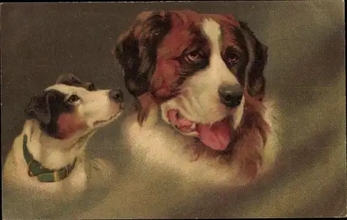 Künstler Ak Hundeportraits, Bernhardiner und Terrier