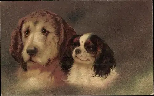 Künstler Ak Zwei Hunde, Pekingese, großer brauner Hund