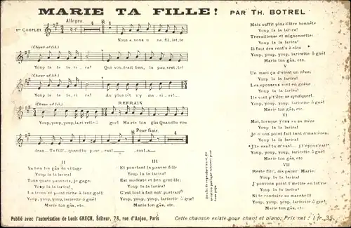 Lied Ak Marie ta fille, Th. Botrel, Chanson