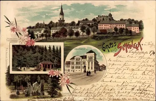 Litho Schöneck im Vogtland Sachsen, Stadtpark Lindner's Ruh, Hotel Rathaus, Spielplatz