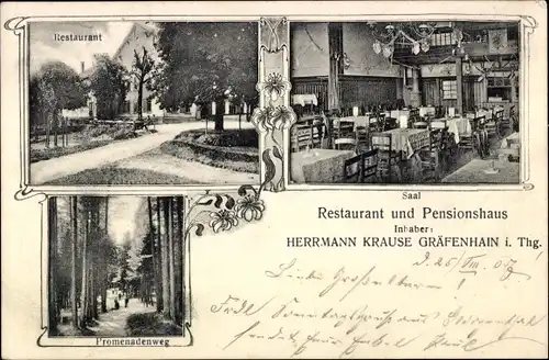 Ak Gräfenhain Ohrdruf in Thüringen, Restaurant Herrmann Krause, Saal, Promenadenweg