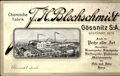 Ak Gößnitz in Thüringen, Chemische Fabrik F. H. Blechschmidt, Peche und Wachse für Schuhindustrie