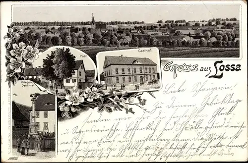 Litho Lossa auf der Finne Burgenlandkreis, Post, Gasthof, Kriegerdenkmal, Totalansicht