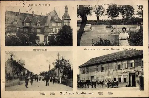 Ak Sundhausen Nordhausen in Thüringen, Schloss Karlsburg, Hauptstraße, Gasthaus zur Helme, Wehr