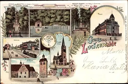 Litho Luckenwalde, Elstal, Post, Kriegerdenkmal, Bahnhof, St. Johanniskirche