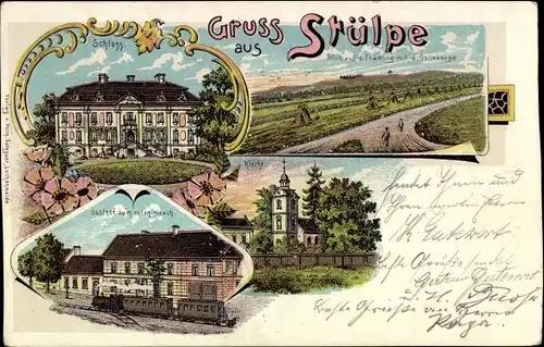 Litho Stülpe in der Mark, Schloss, Gasthof zum roten Hirsch, Kirche