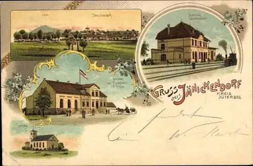 Litho Jänickendorf Kreis Jüterbog, Gesamtansicht, Bahnhof, Gasthof zur Eisenbahn, Kirche