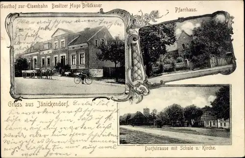 Ak Jänickendorf Kreis Jüterbog, Gasthof zur Eisenbahn, Pfarrhaus, Dorfstraße, Schule, Kirche