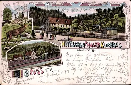 Litho Lautenthal Langelsheim im Harz, Hüttschenthaler Kurhaus, Hirsch