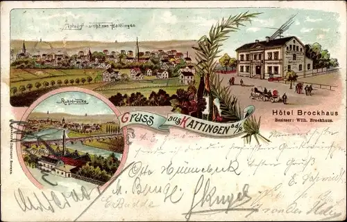 Litho Hattingen an der Ruhr, Panorama, Ruhrbrücke, Hotel Brockhaus