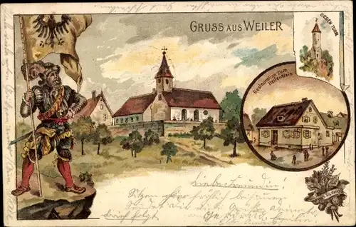 Litho Weiler ob Helfenstein Geislingen an der Steige, Kirche, Restauration, Oedenturm