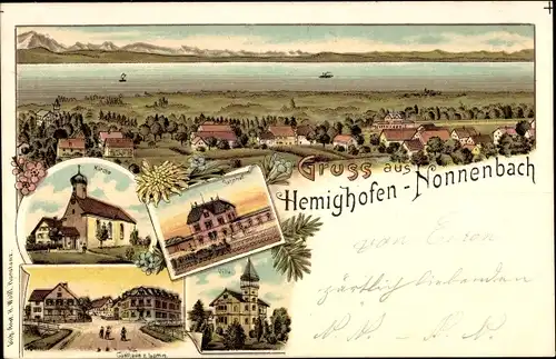 Litho Nonnenbach Hemigkofen Kressbronn am Bodensee, Kirche, Bahnhof, Gasthaus zum Lamm, Villa