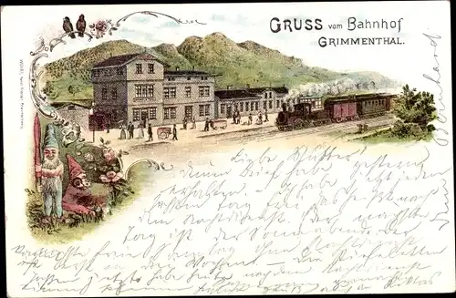 Litho Grimmenthal Thüringen, Bahnhof, Zwerge