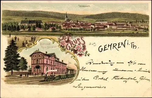Litho Gehren Ilmenau in Thüringen, Gesamtansicht, Bahnhof, Gastwirtschaft Schmidt