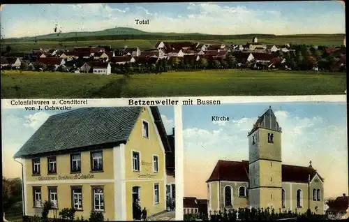 Ak Betzenweiler in Oberschwaben Württemberg, Gesamtansicht, Kirche, Geschäft und Konditorei