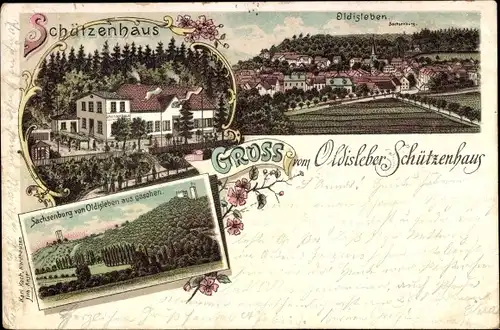 Litho Oldisleben am Kyffhäuser Thüringen, Schützenhaus, Sachsenburg, Gesamtansicht