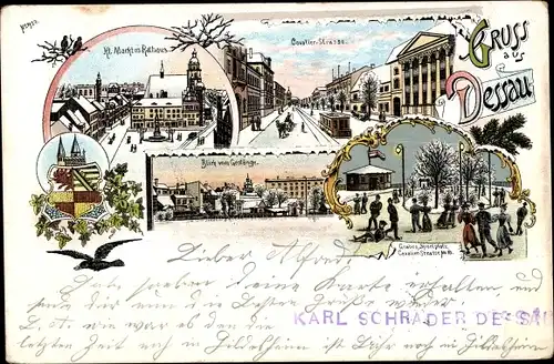 Winter Litho Dessau, Kleiner Markt, Rathaus, Kavalierstraße, Sportplatz, Straßenbahn, Wappen