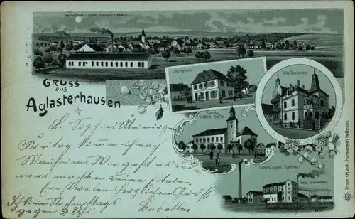 Mondschein Litho Aglasterhausen in Baden, Gesamtansicht, Kirche, Teilansichten, Fabrik