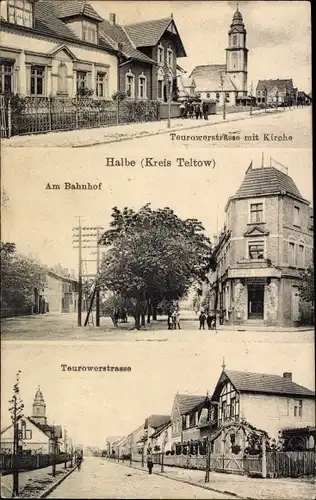Ak Halbe Kreis Teltow, Teurower Straße, Kirche, Am Bahnhof, Geschäft