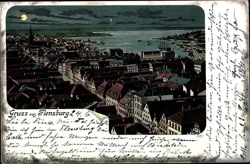 Litho Flensburg in Schleswig Holstein, Stadtpanorama bei Nacht