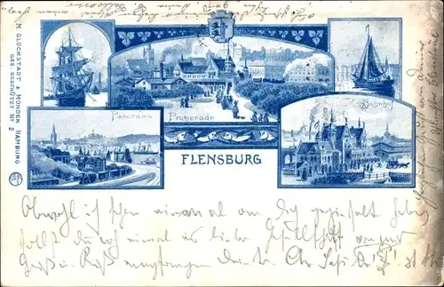 Litho Flensburg, Promenade, Bahnhof, Stadtpanorama, Segelschiff, Wappen