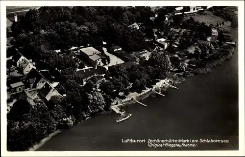 Ak Zechliner Hütte Zechlinerhütte Stadt Rheinsberg in der Mark, Fliegeraufnahme, Schlabornsee