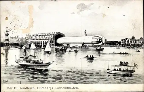 Künstler Ak Nürnberg in Mittelfranken Bayern, Zeppelin, Luftschiff, Dutzendteich, Zukunft