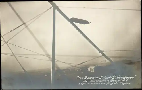Ak Berlin Johannisthal, Zeppelin Luftkreuzer Schwaben, Luftschiff, LZ 10, Fliegeraufnahme