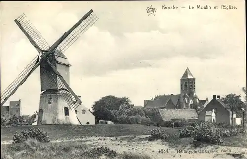 Ak Knokke Heist Westflandern, Le Moulin et l'Église, Kirche, Windmühle