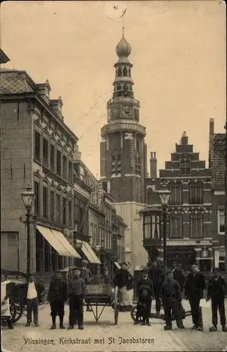 Ak Vlissingen Zeeland Niederlande, Kerkstraat met St Jacobstoren