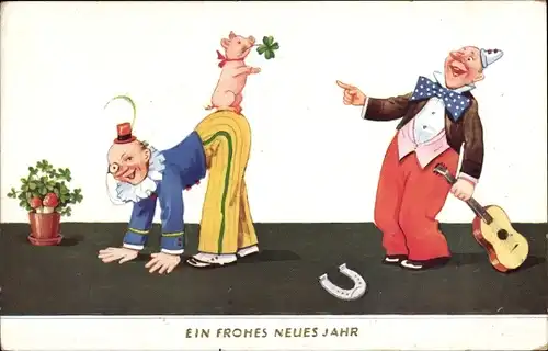 Künstler Ak Wills, John, Fröhliches Neujahr, Clowns, Schwein, Kleeblatt