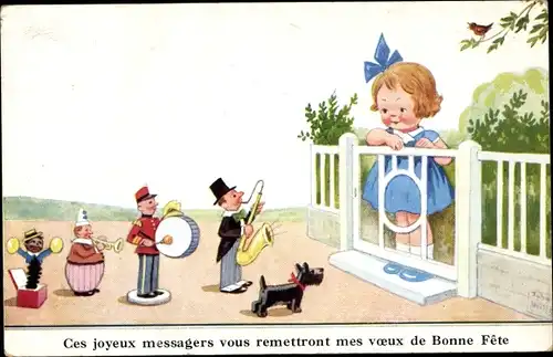 Künstler Ak Wills, John, Glückwunsch zum Geburtstag, Mädchen am Gartentor, Puppen, Gratulanten