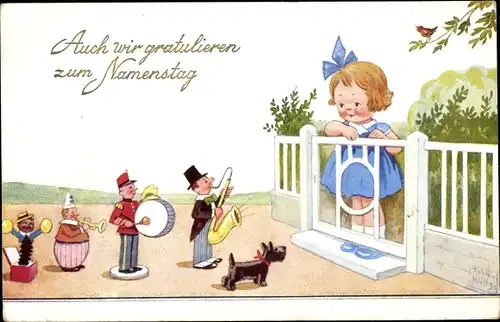 Künstler Ak Wills, John, Glückwunsch zum Namenstag, Mädchen am Gartentor, Puppen, Gratulanten