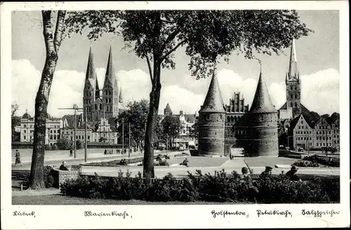 Ak Lübeck, Marienkirche, Holstentor, Petrikirche, Salzspeicher