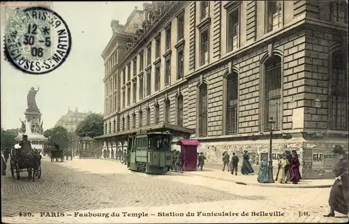 Ak Paris XI., Faubourg du Temple, Standseilbahnstation Belleville